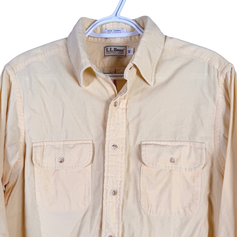 Vintage L.L. Bean Corduroy Button Up Shirt Mens M Yellow Long Sleeve USA Cotton